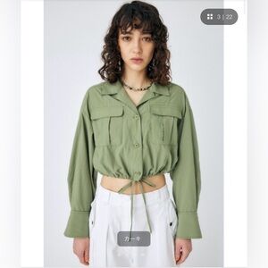 Moussy Ripstop Waist Tie Crop Jacket Lightweight Green Utility Pockets
